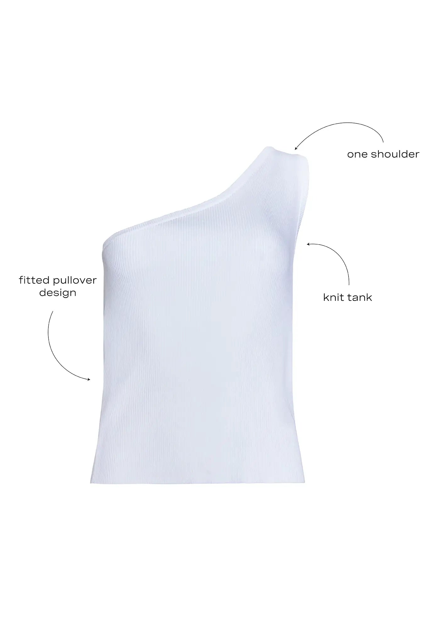 Rhode Tank, one shoulder knit tank, in white with call outs.
