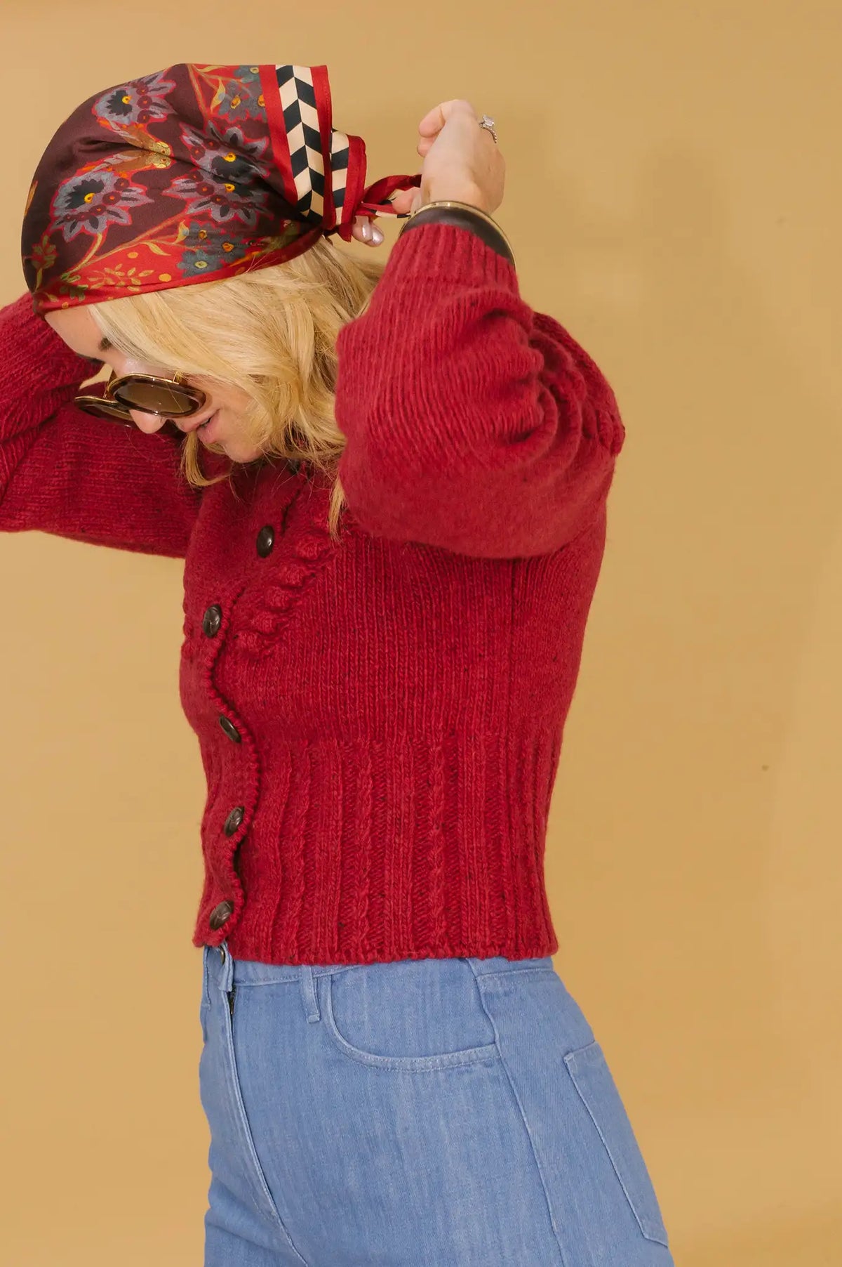 Natalie Steen in the Bobble Sweater and Birds of a Feather Maroon scarf.
