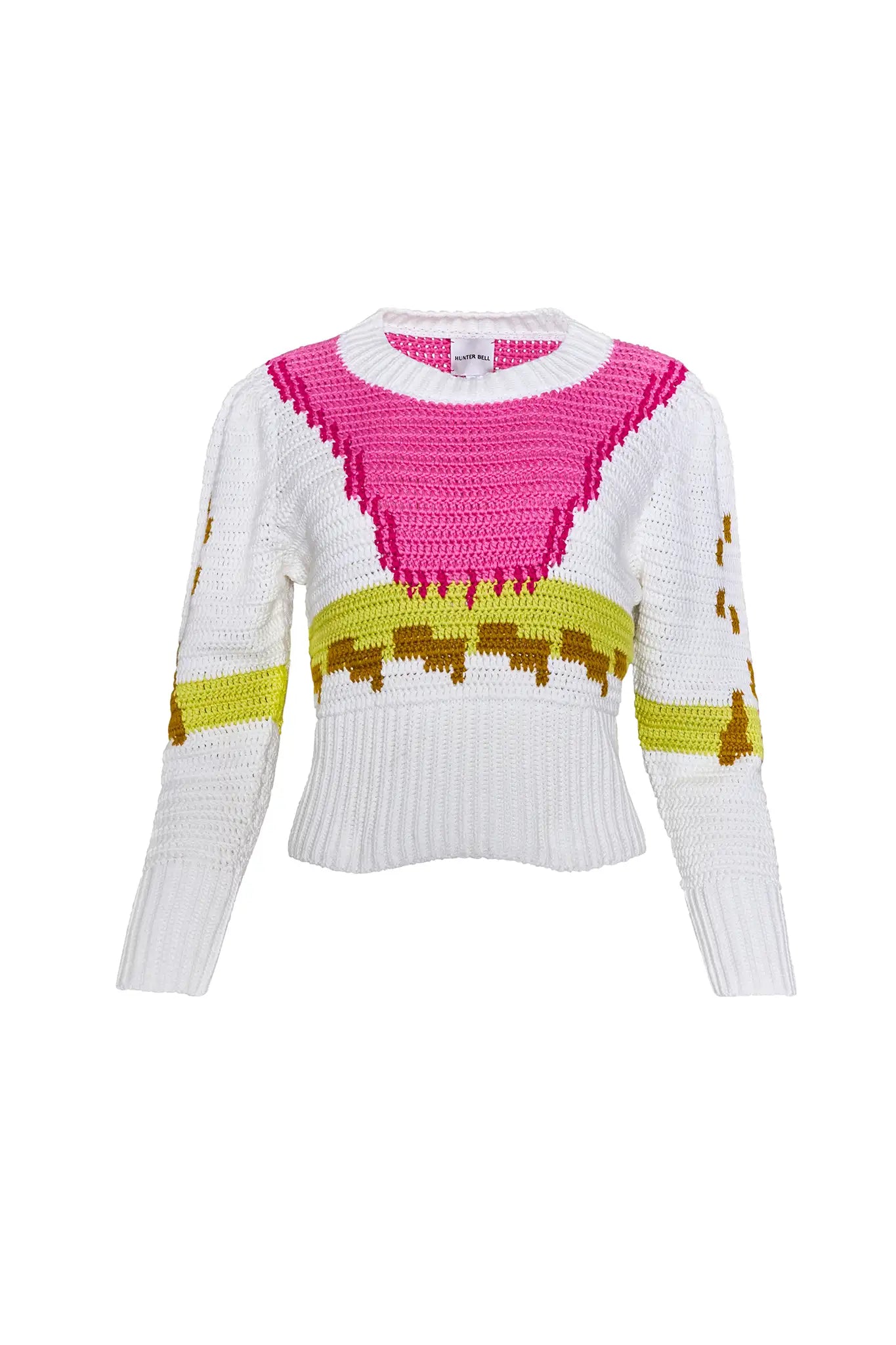 A lightweight crochet sweater in white multi. 