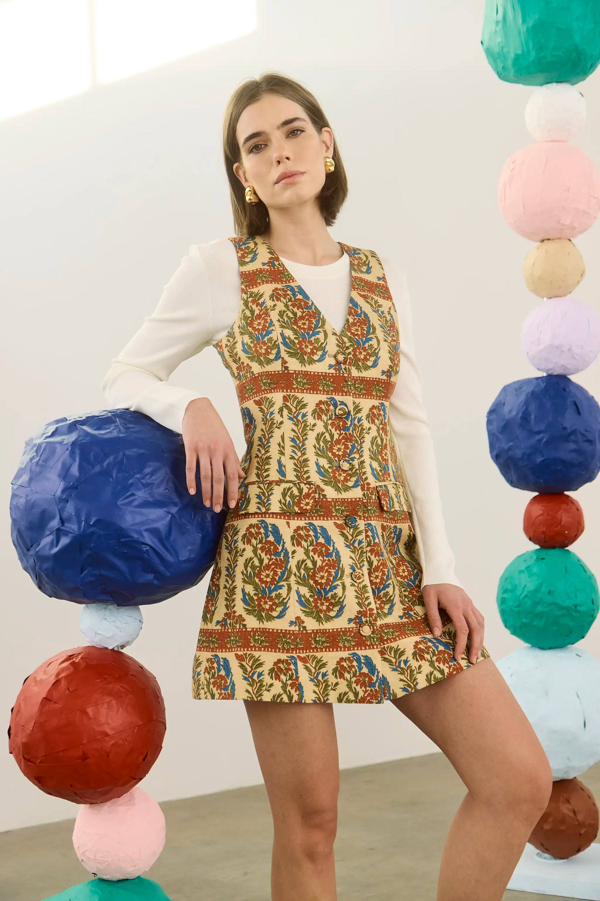 The Suni Dress in Amber Glen Cream paired with the Callie Sweater in Ivory. 
