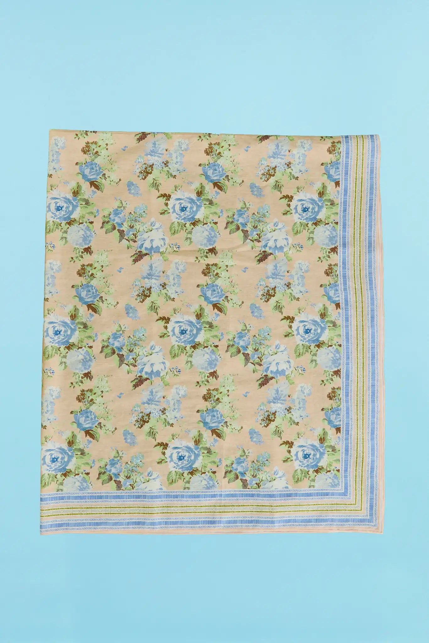 Tablecloth in Garden Rose Periwinkle, sized 71" x 120".