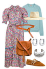 An open V-neckline with a ruffled collar, elbow length puff sleeves with tie details.