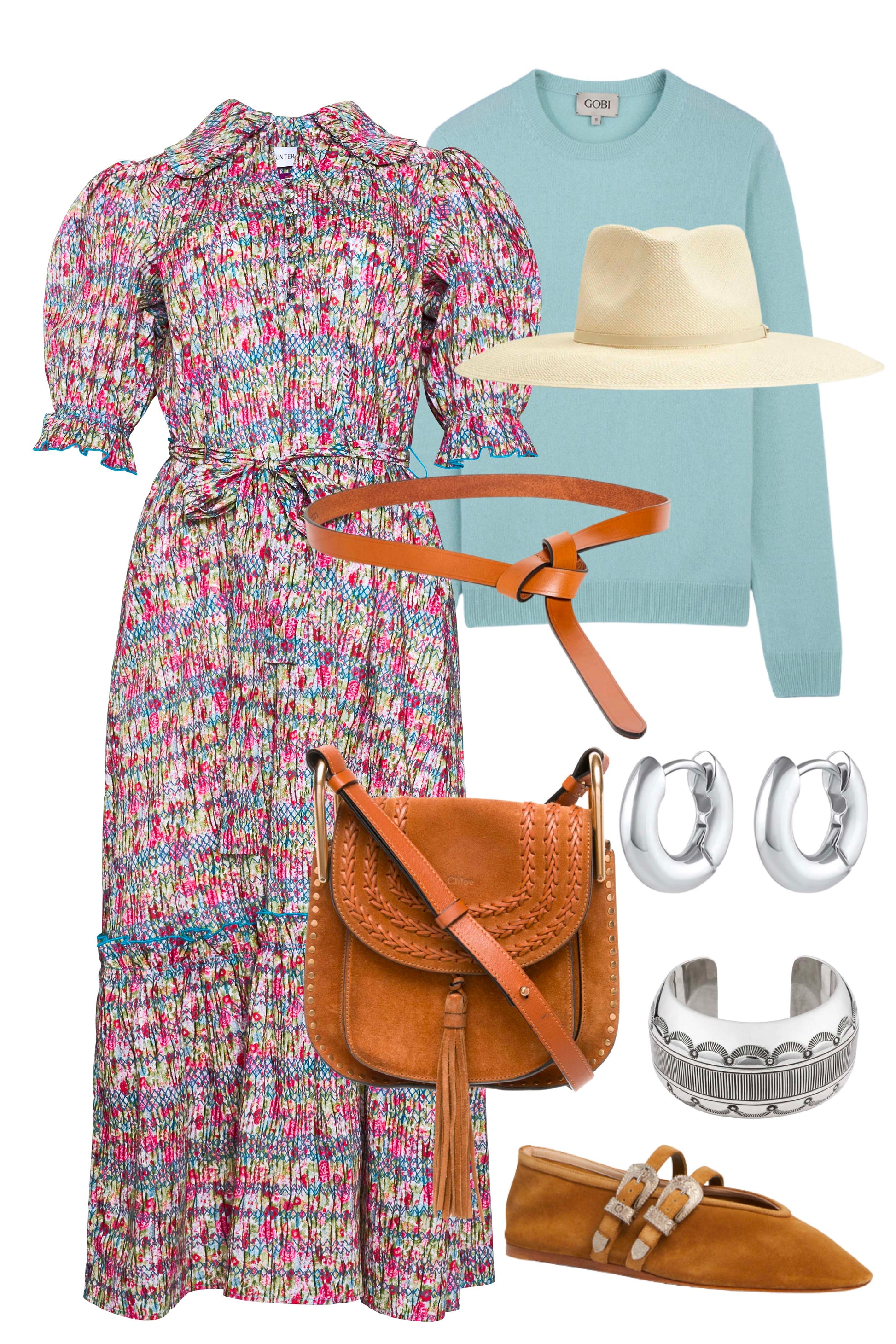 An open V-neckline with a ruffled collar, elbow length puff sleeves with tie details.