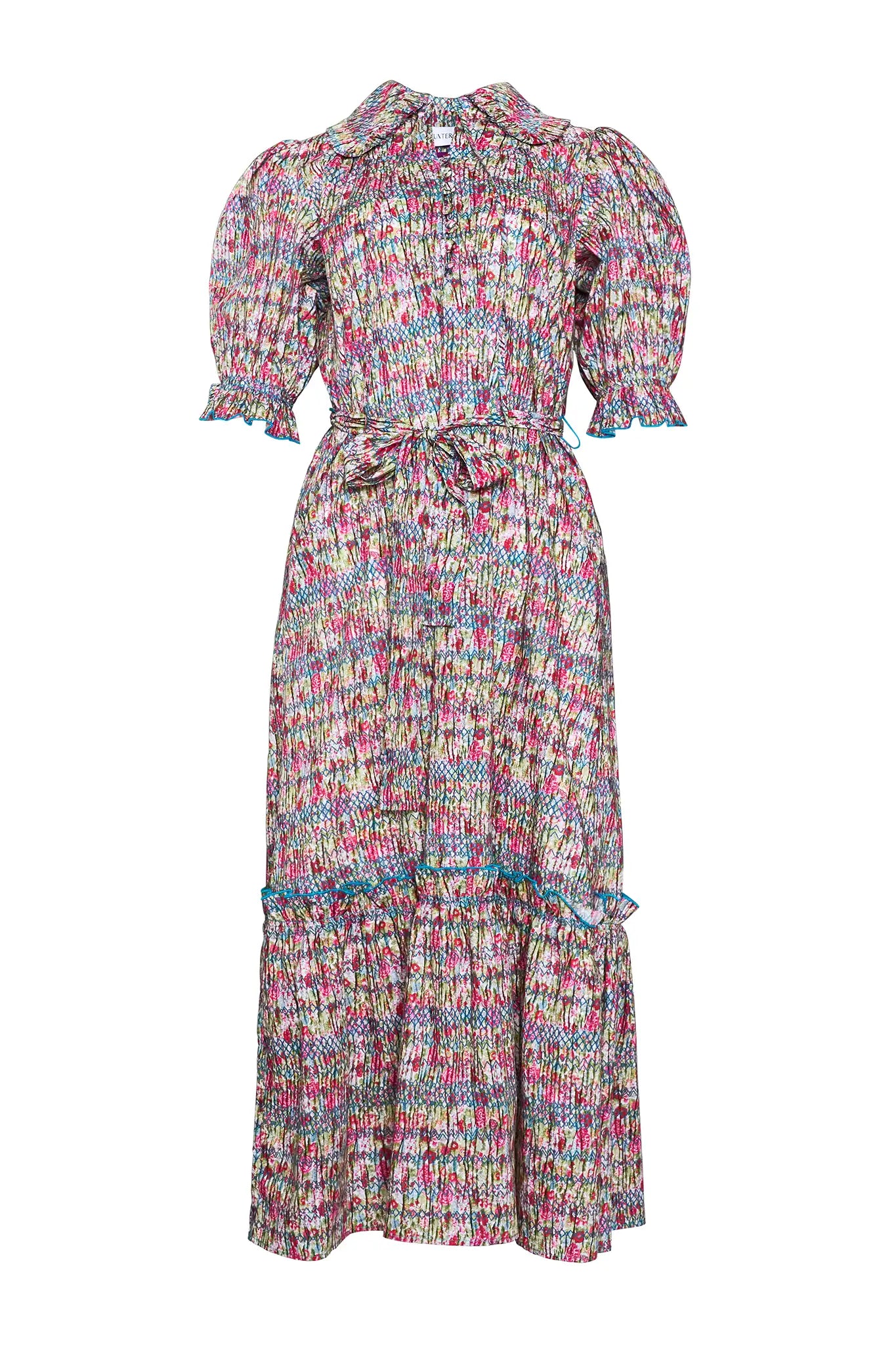 An open V-neckline with a ruffled collar, elbow length puff sleeves with tie details.