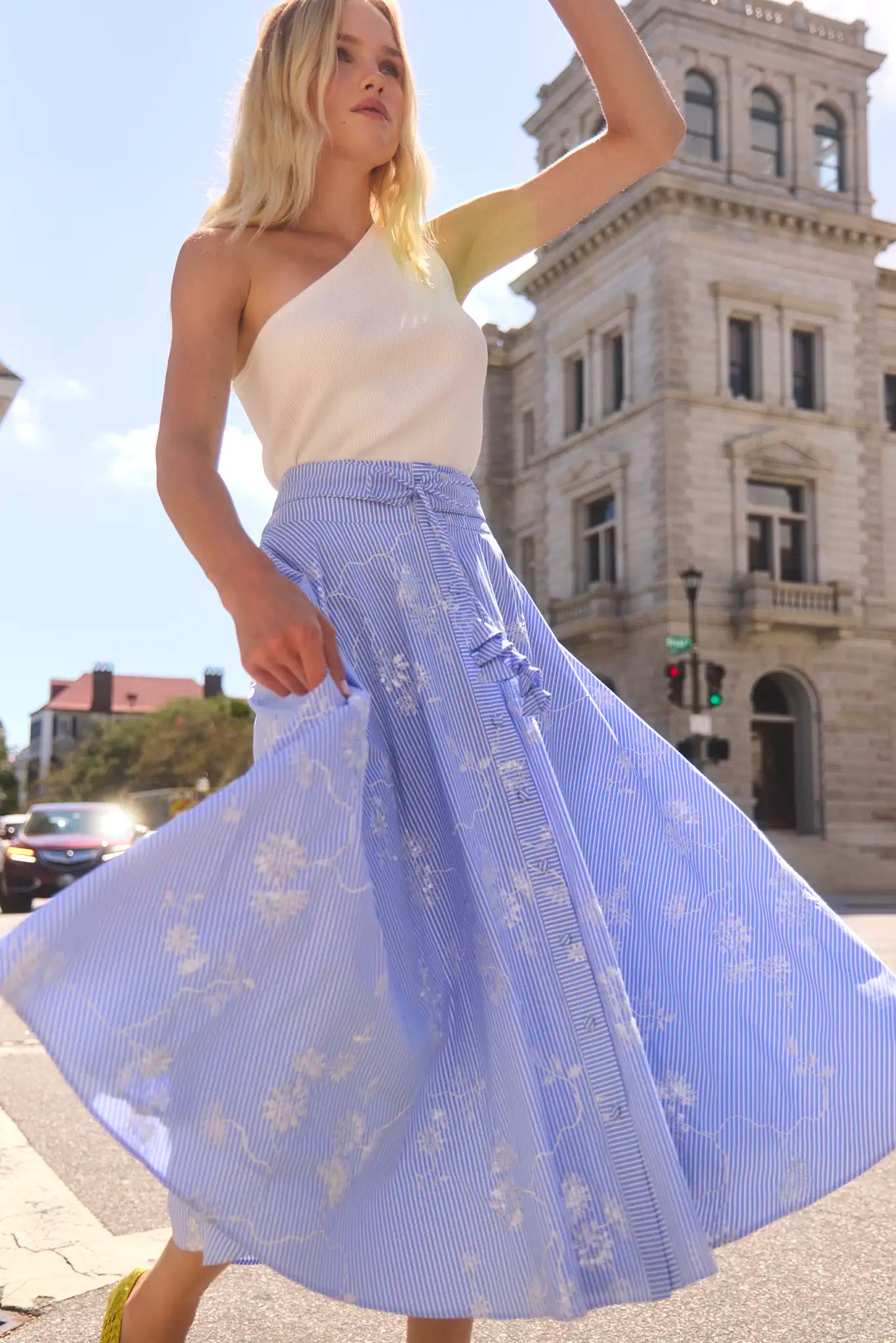 Thistle Skirt in Sullivan Stripe paired with Rhode Tank in White.
