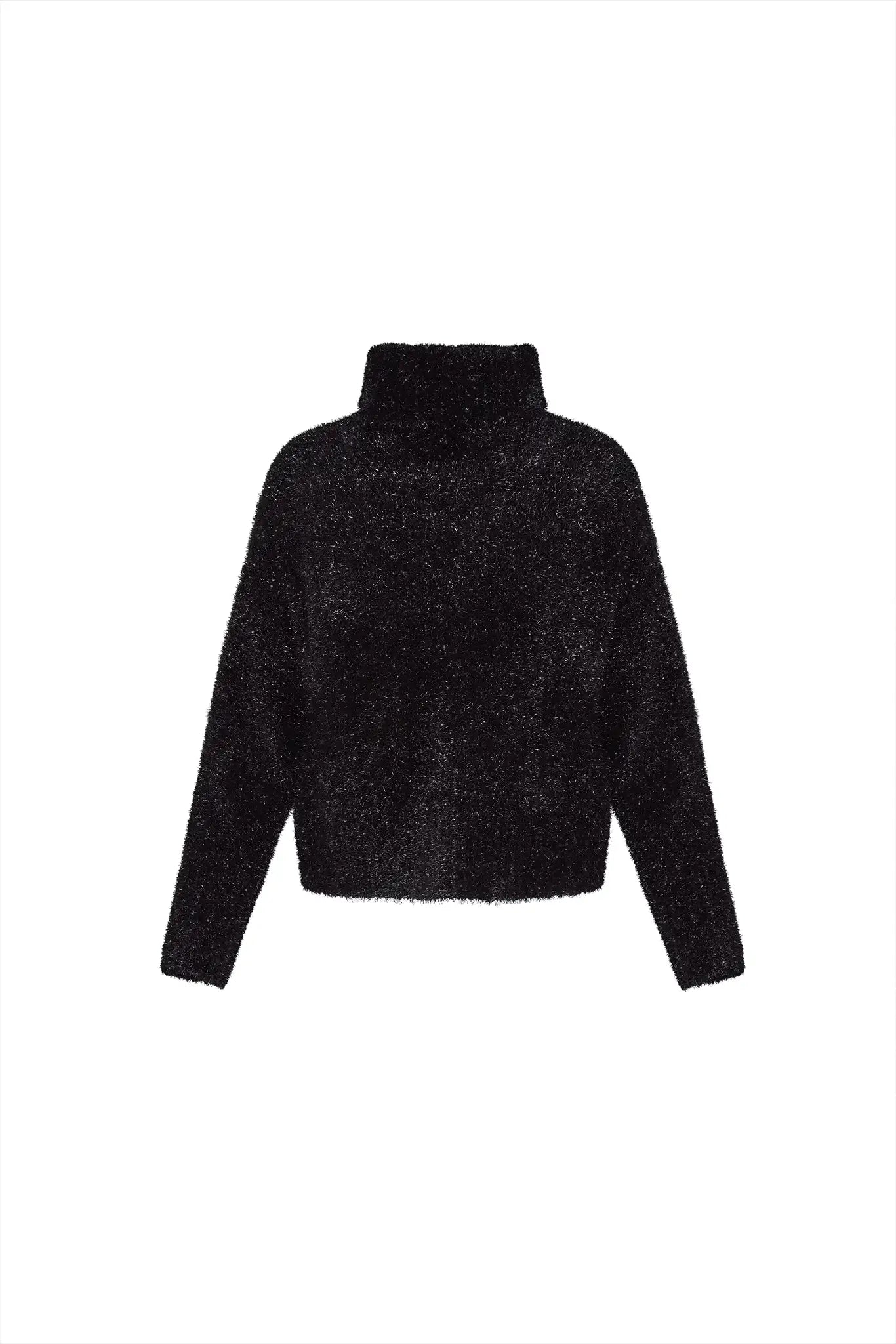 The turtleneck is made with shimmering yarn, oversized, long sleeves, and slightly cropped fit.