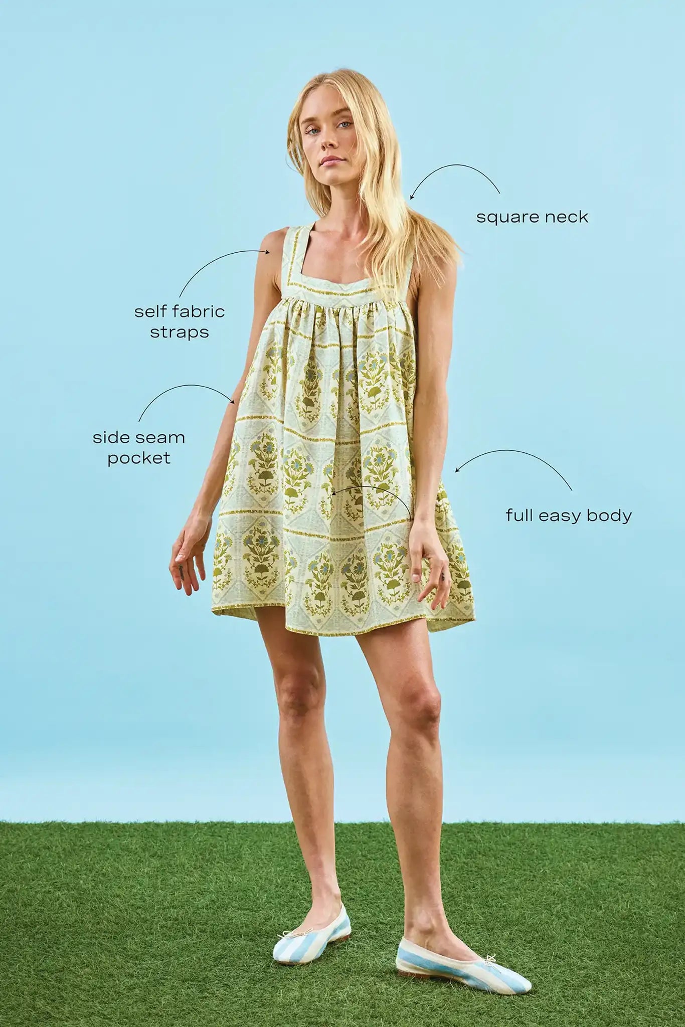 The Tipper Dress, square neck mini dress, in Green Trellis with call outs.