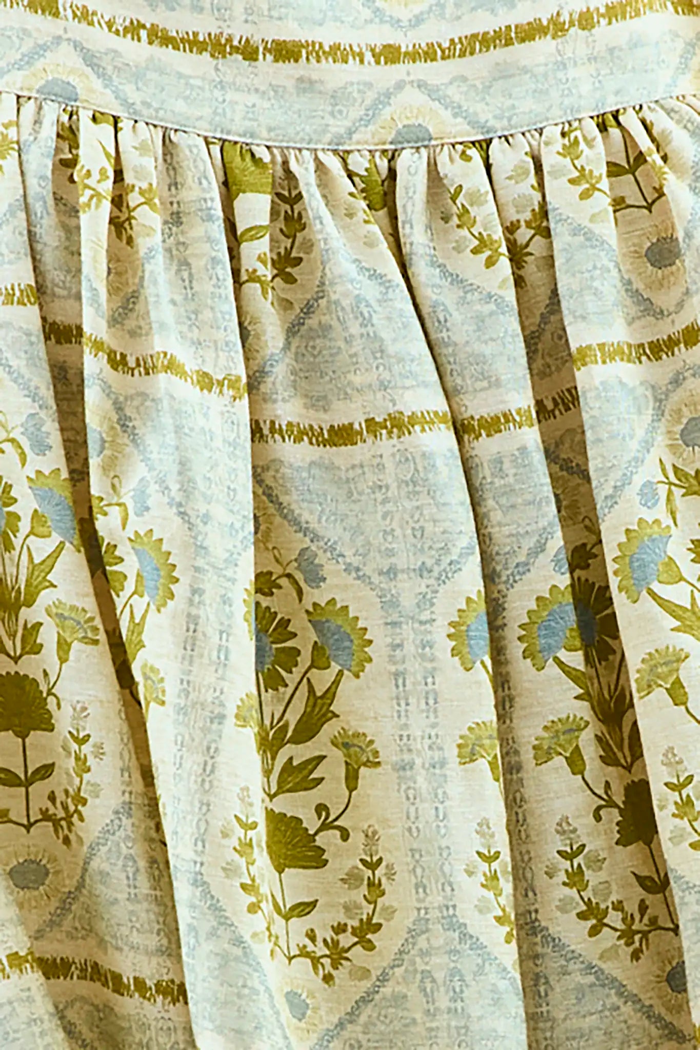 Close up of the Tipper Dress, square neck mini dress, in Green Trellis.