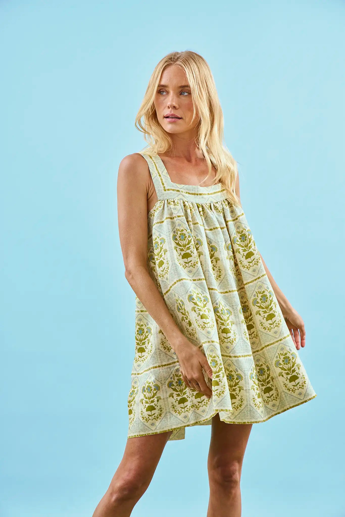 The Tipper Dress, square neck mini dress, in Green Trellis.