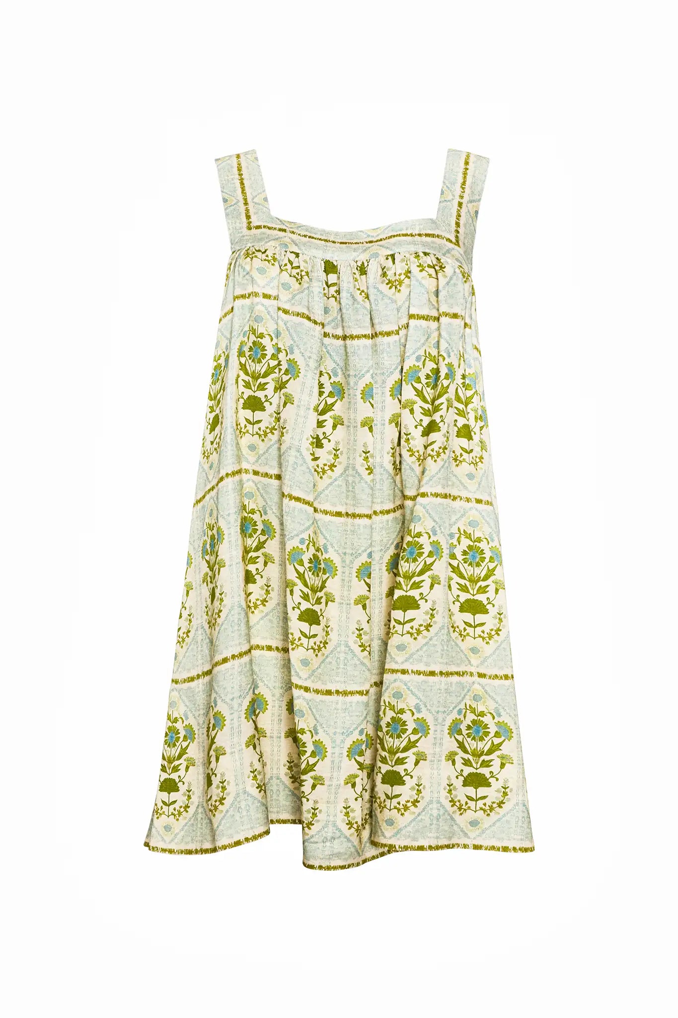 The Tipper Dress, square neck mini dress, in Green Trellis.