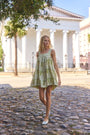The Tipper Dress, square neck mini dress, in Green Trellis.
