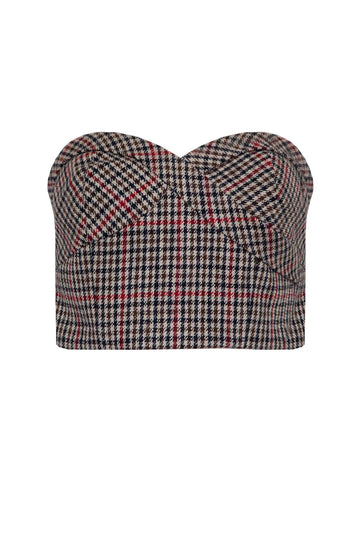 The Scottie top is a fitted bustier top with a sweetheart neckline in a sophisticated houndstooth.