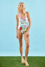 A one-piece white swimsuit with a colorful pattern, underwire bra top, and princess seam details.