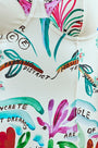A one-piece white swimsuit with a colorful pattern, underwire bra top, and princess seam details.