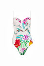 A one-piece white swimsuit with a colorful pattern, underwire bra top, and princess seam details.