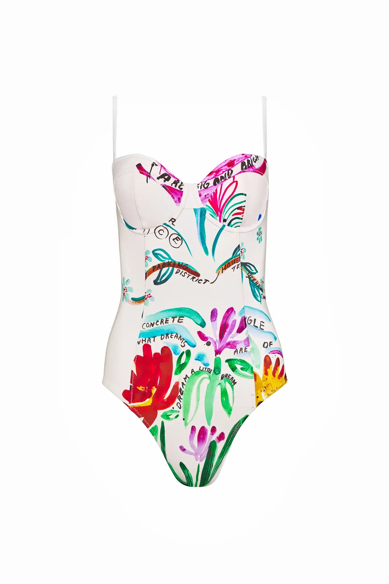 A one-piece white swimsuit with a colorful pattern, underwire bra top, and princess seam details.