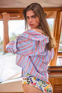 The Hudson Shirt in Seaside Stripe paired with our one piece swimsuit in coastal conversation