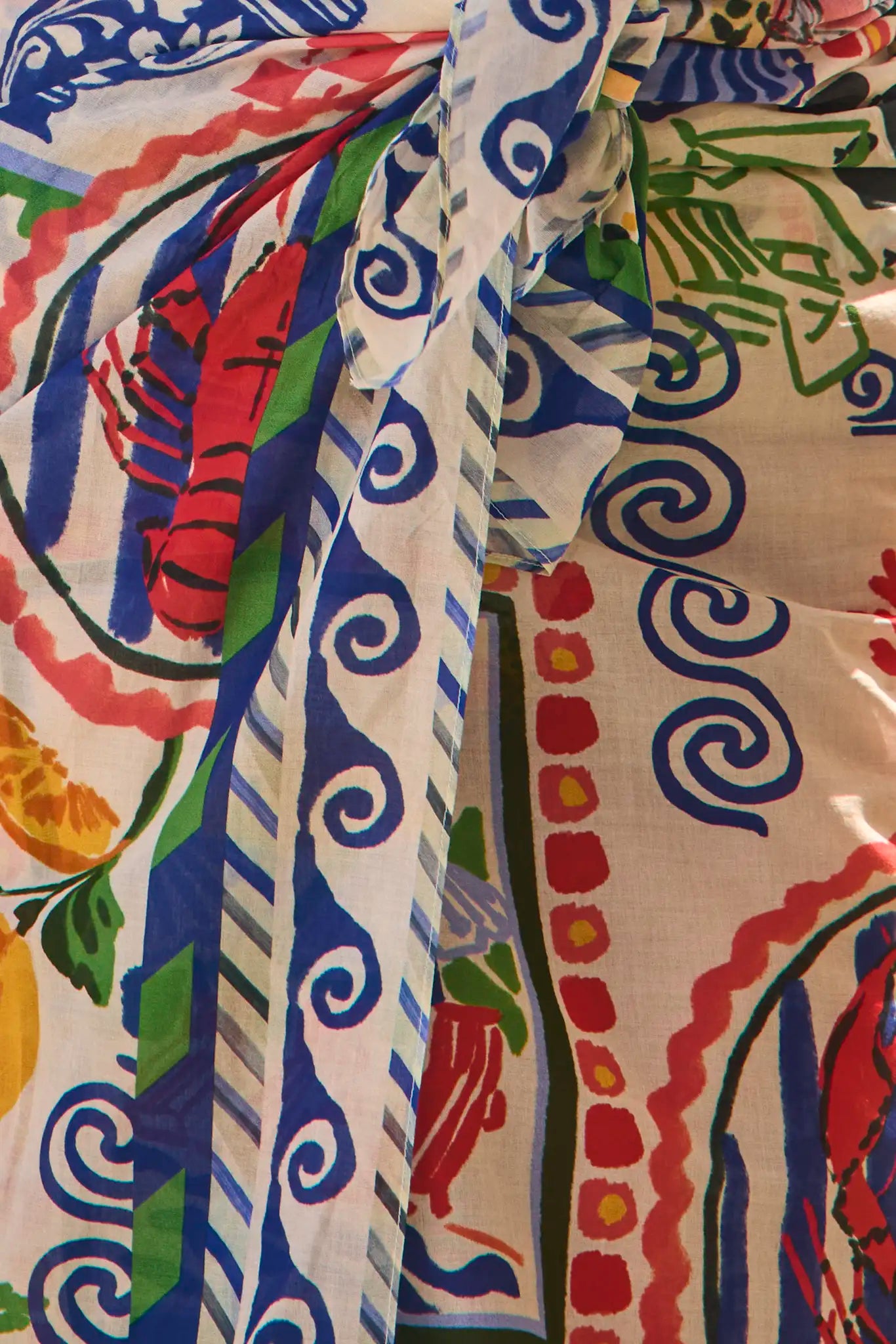 Close up of the Sarong in coastal conversation paired with matching One piece swimsuit