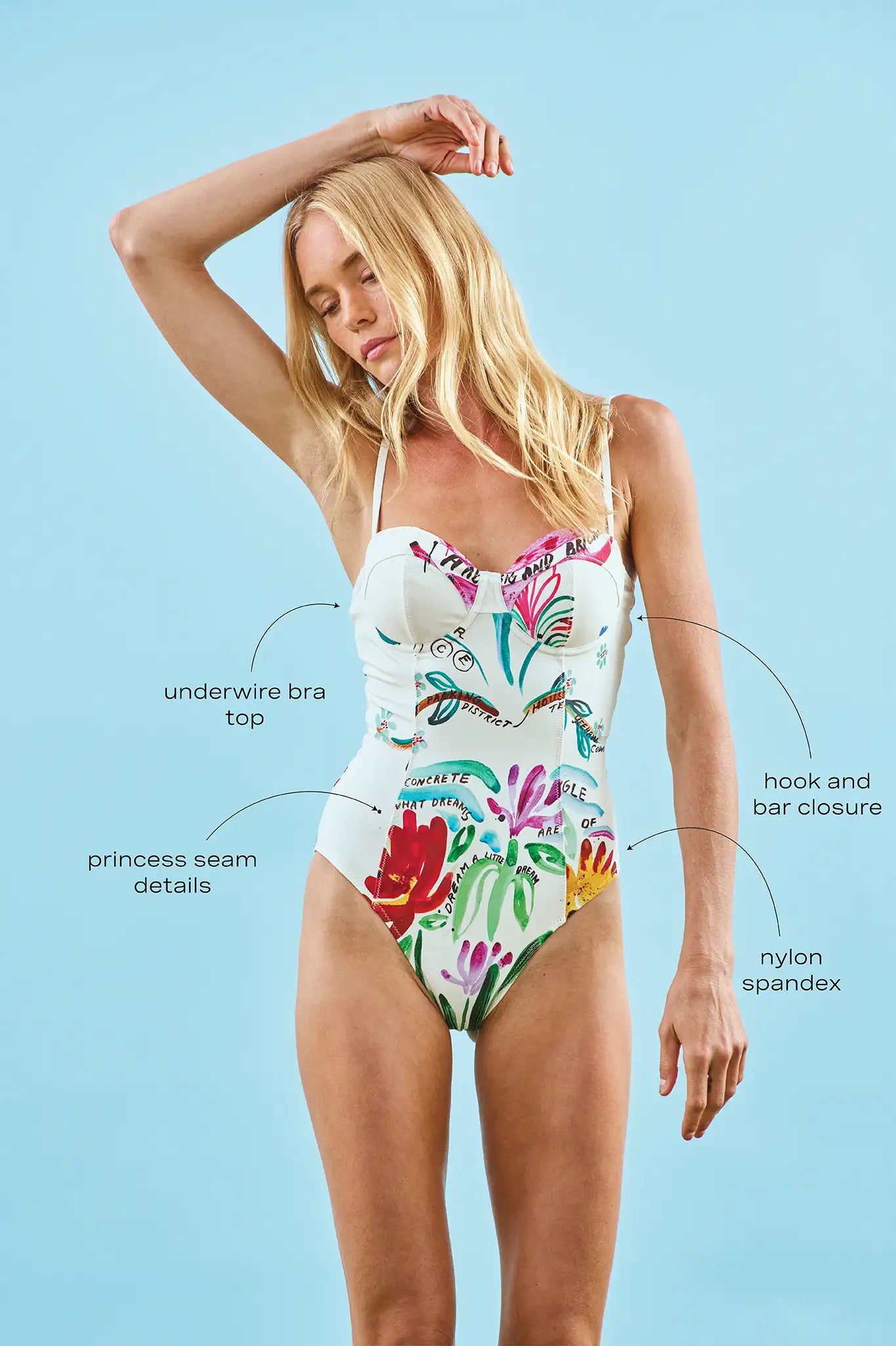 A one-piece white swimsuit with a colorful pattern, underwire bra top, and princess seam details.