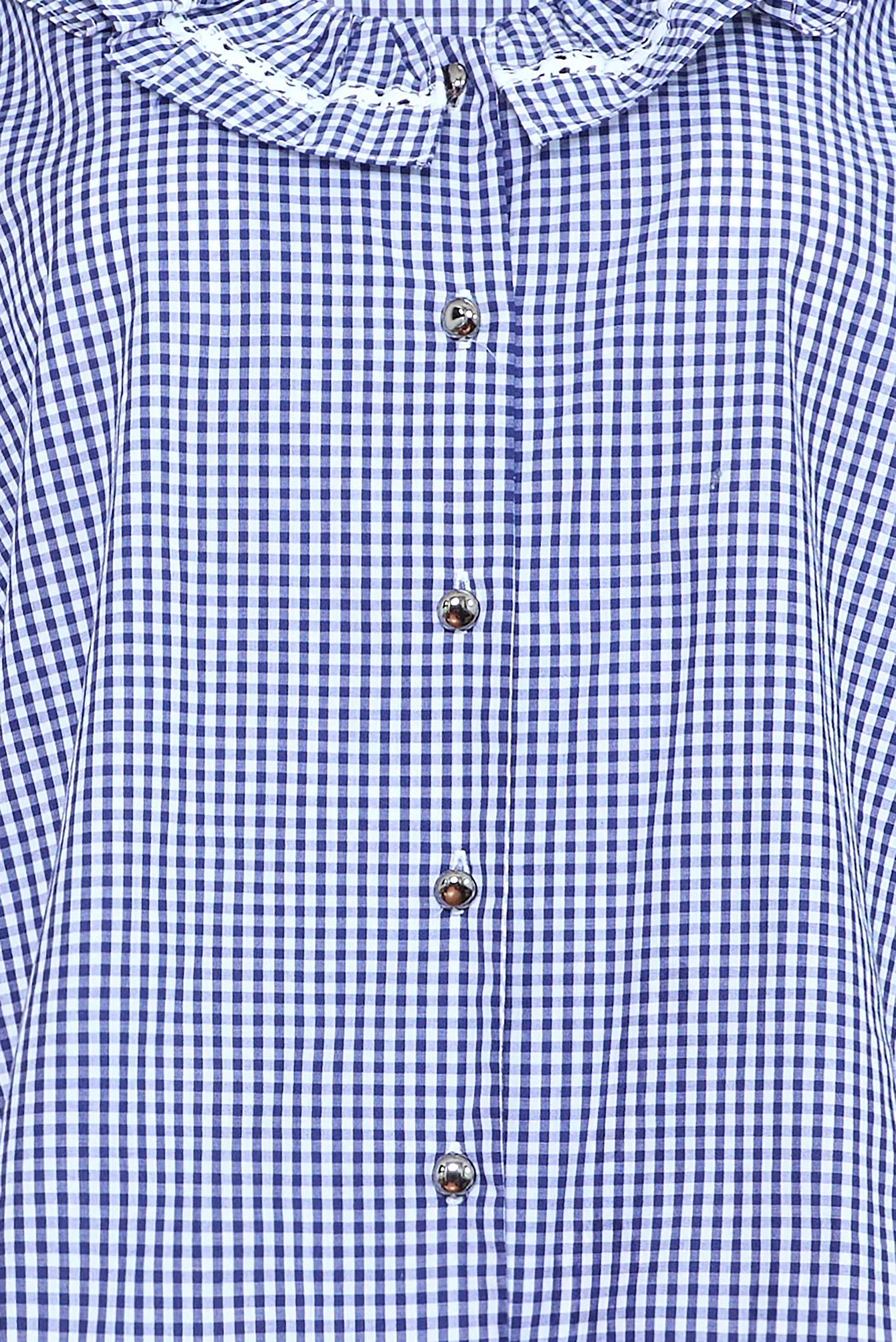 Close up of the Valene Blouse in Checkmate Navy. 