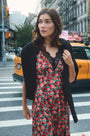 The Vela Dress in Crimson Blossom paired with the Brooke Cardigan.