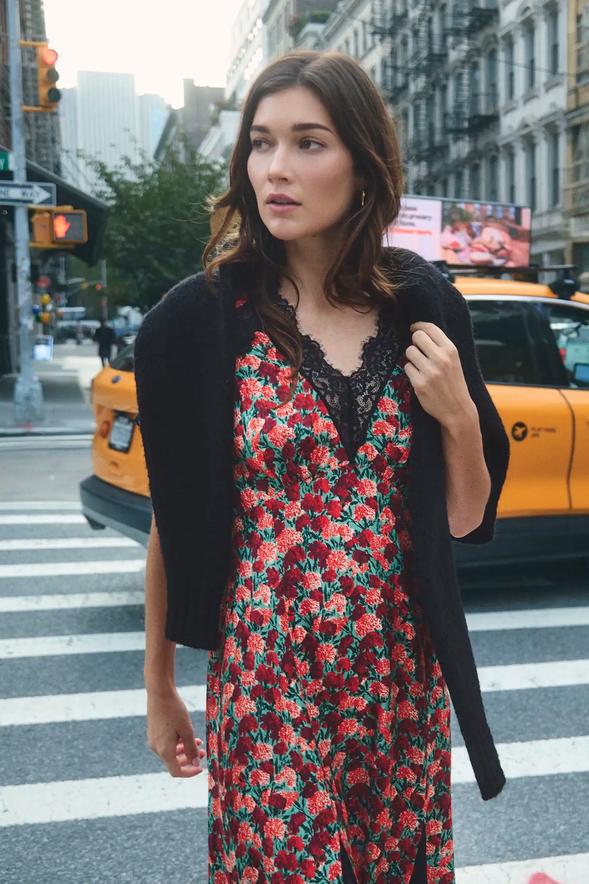 The Vela Dress in Crimson Blossom paired with the Brooke Cardigan.