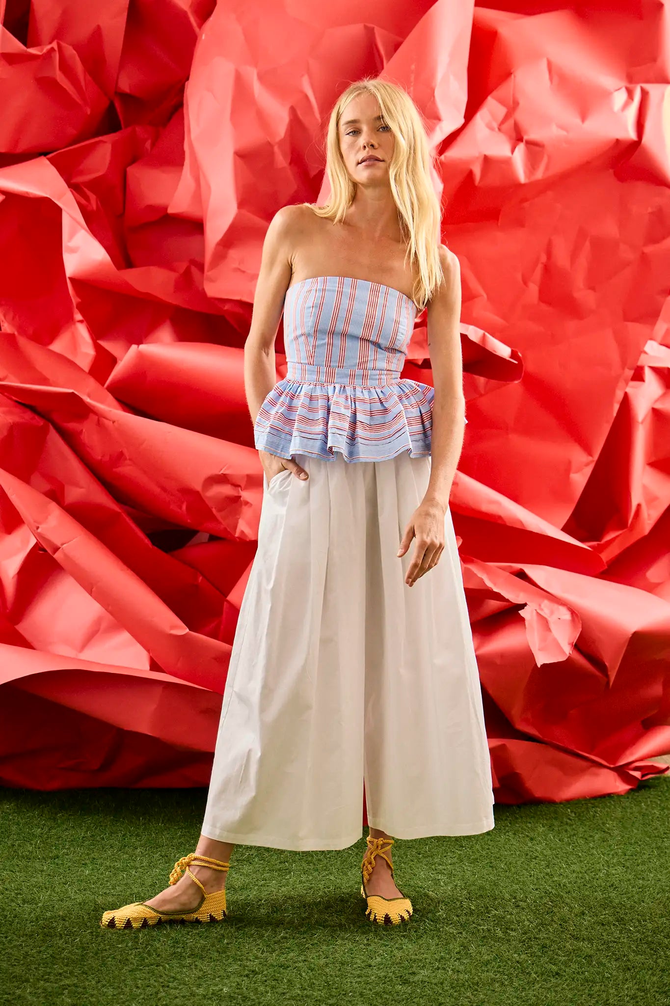 The Vera Top in Seaside Stripe paired with Hunter Bell White Whisper Pant 