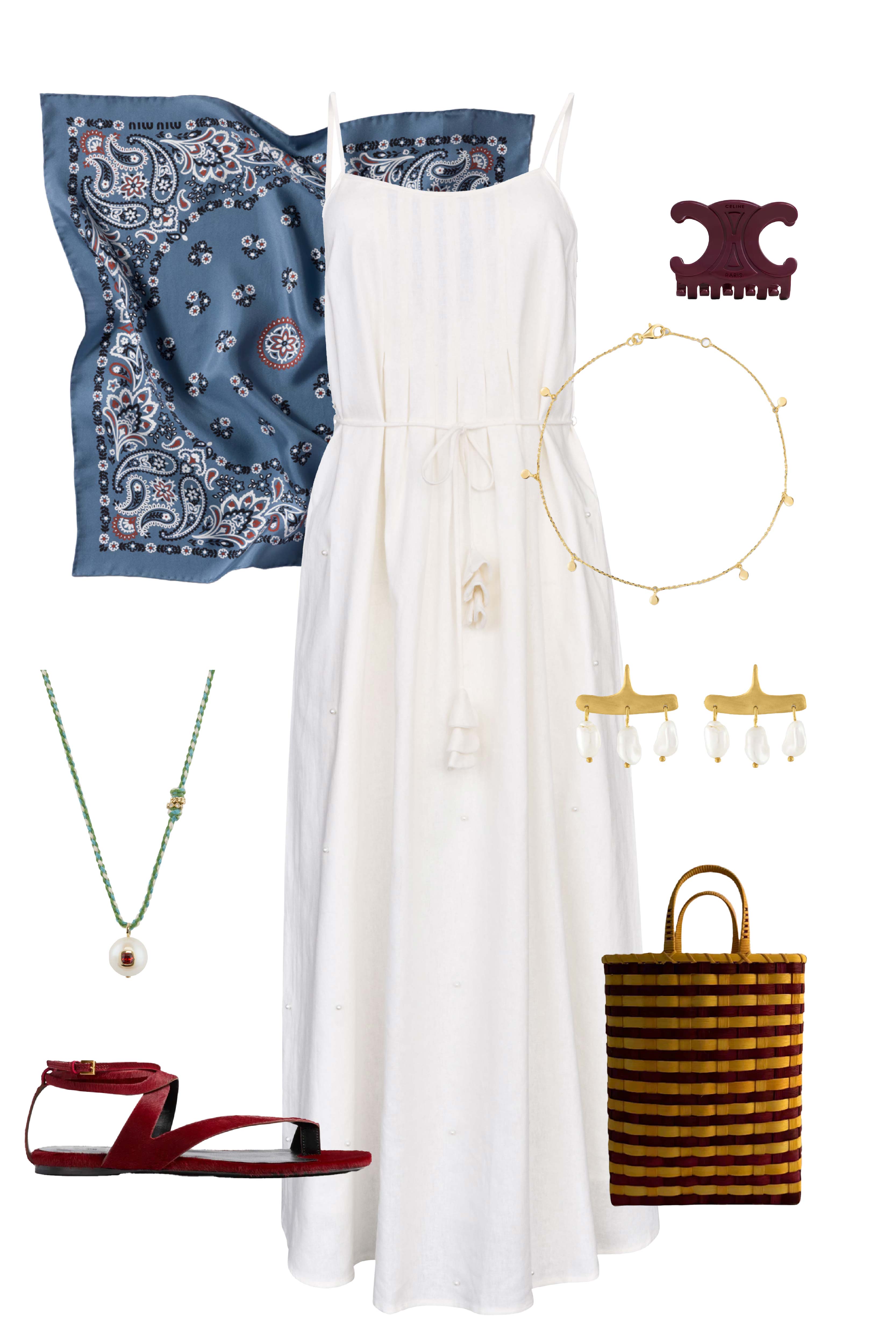 Ivory cotton-linen pearl embellished maxi dress with slim spaghetti straps and optional tie waist.