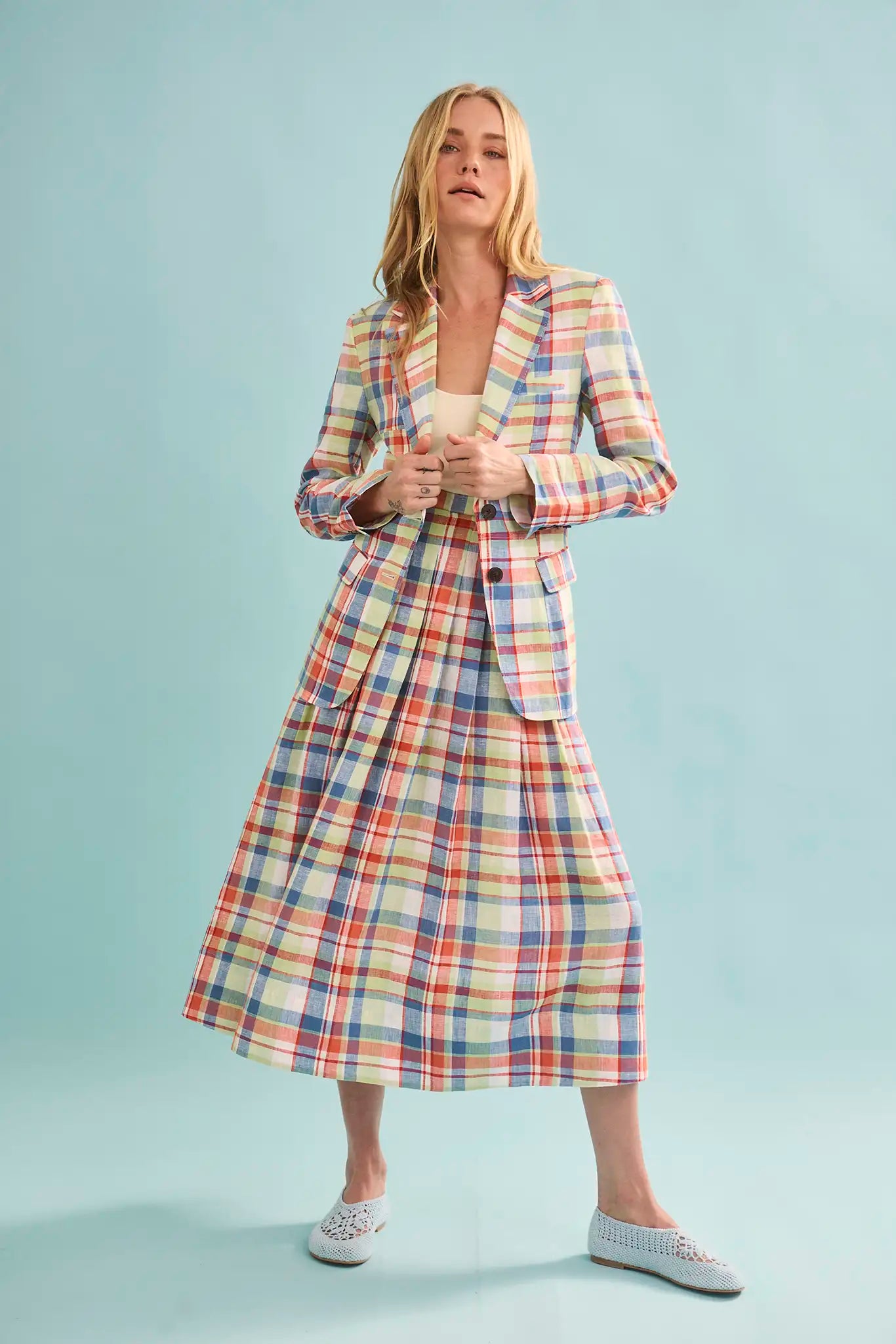 The Maison Skirt in Harbor Club Madras paired with matching Yardley Blazer and Davis Cami.
