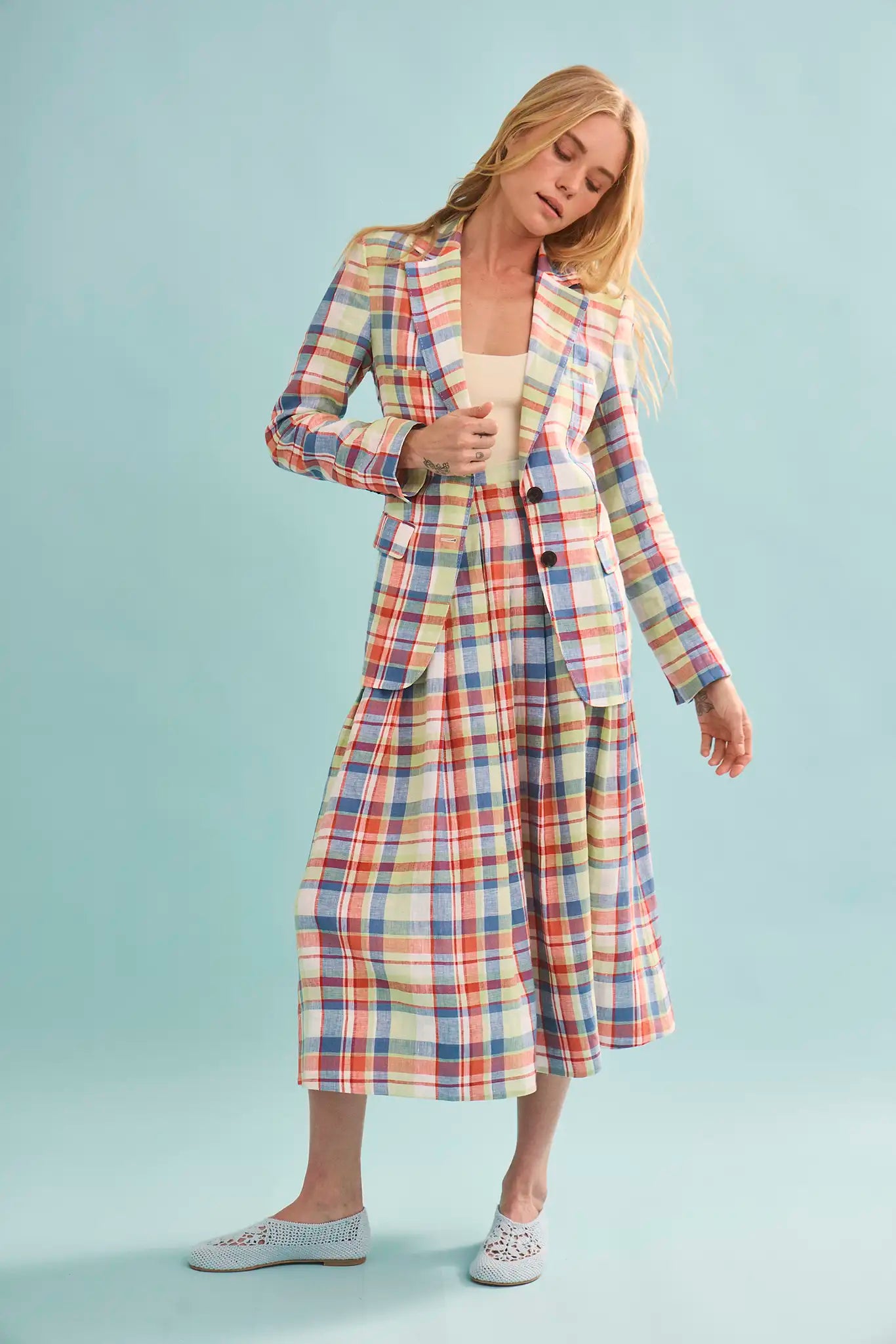 The Yardley Blazer in Harbor Club Madras paired with matching Maison Skirt.