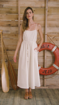 Ivory cotton-linen pearl embellished maxi dress with slim spaghetti straps and optional tie waist.