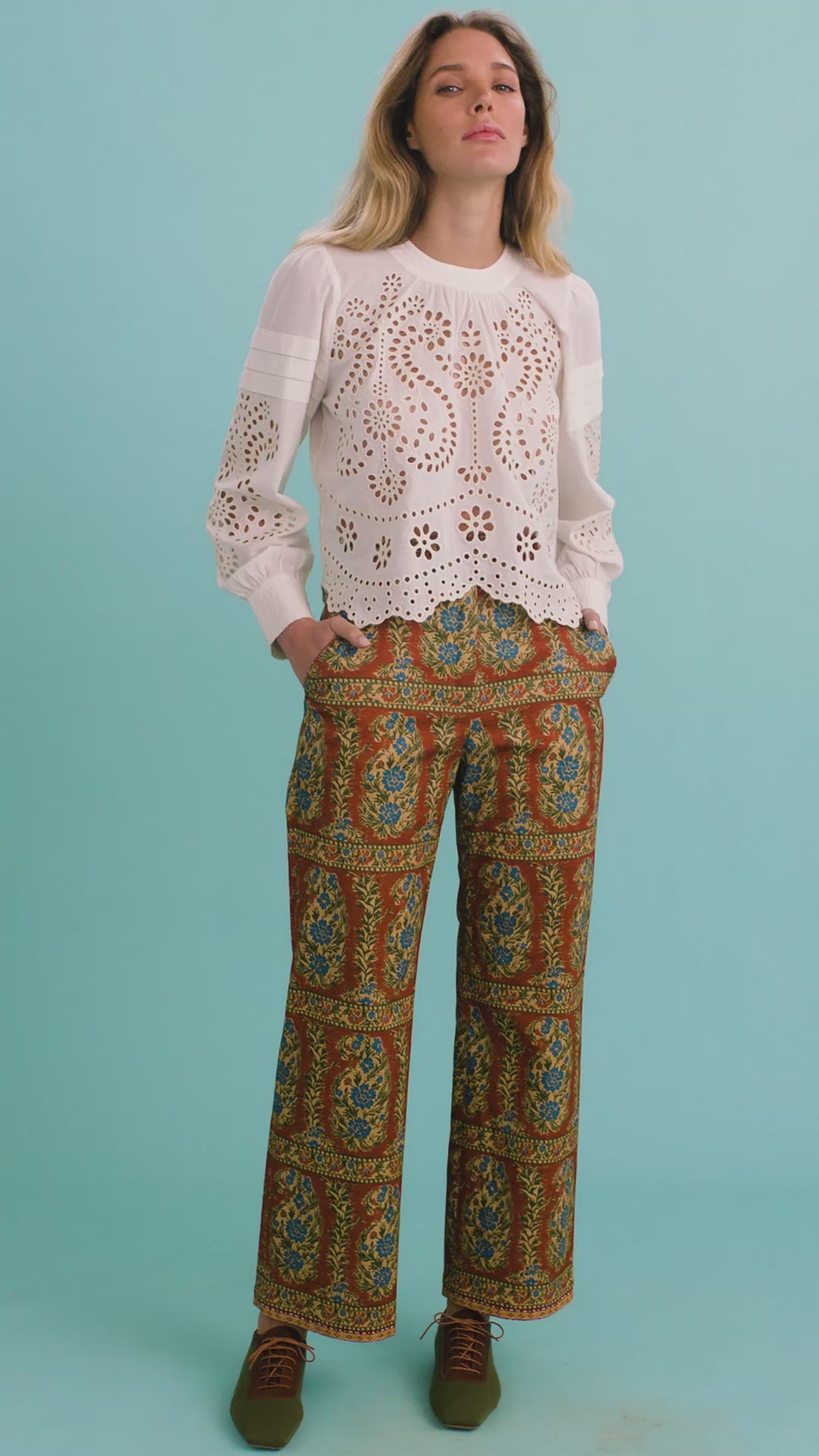 The Jennifer Top in ivory paired with the Juno Pant in Amber Glen Brown.