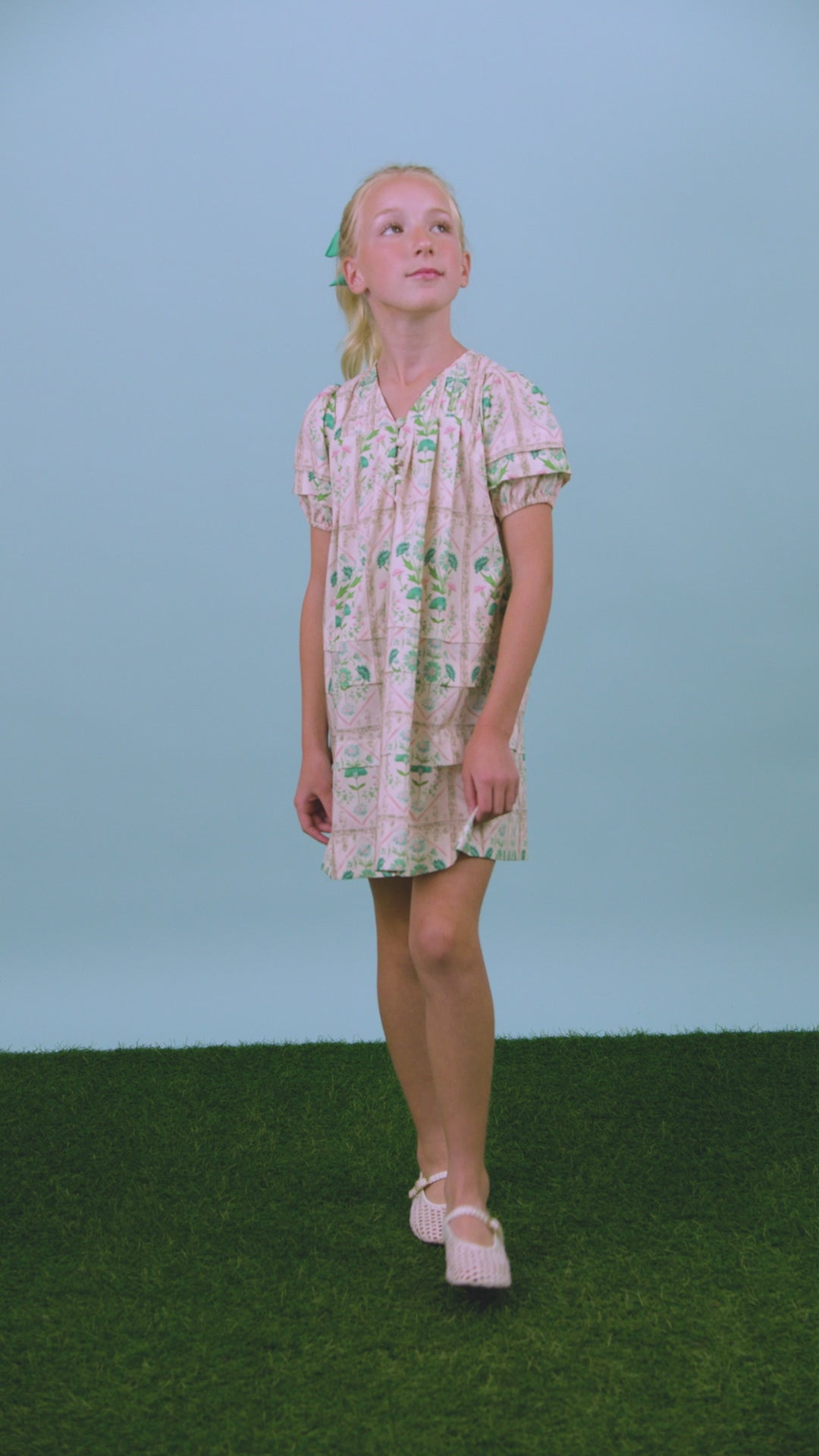 Kids Jenkins Dress, puff sleeve dress, in Pink Trellis.