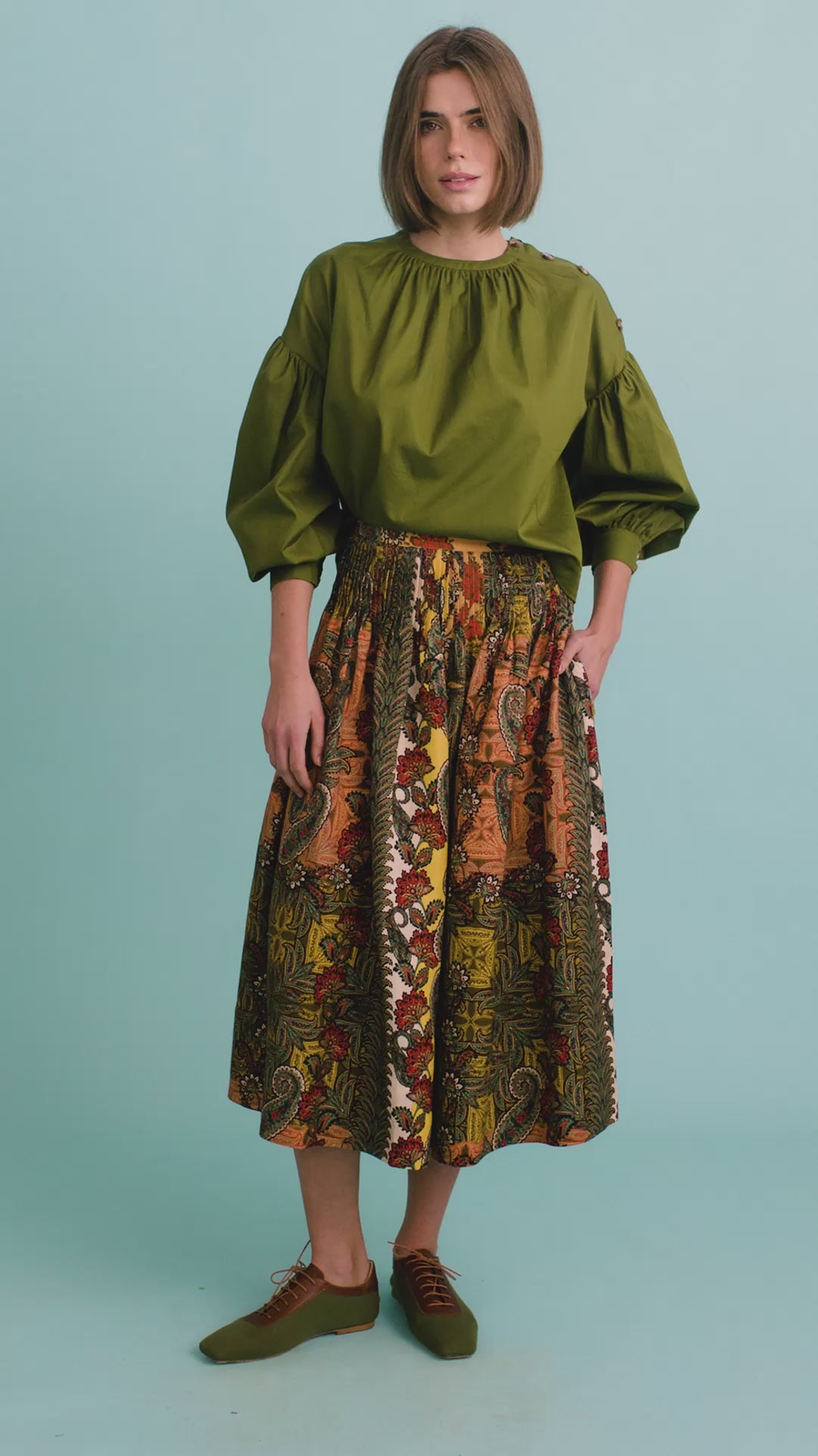 The Eli Top in Pine Grove paired with Fallon Skirt in highland tapestry. 