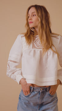 The Celine Top has crochet lace at yoke and sleeve, pintuck detailing, and ladder and bobble trim.