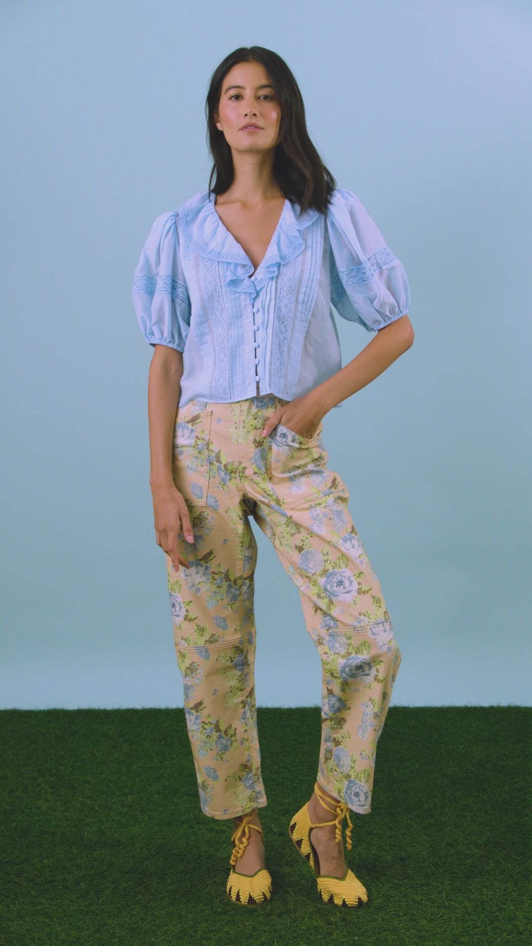 Close up of the Mare Top in Sky Blue.