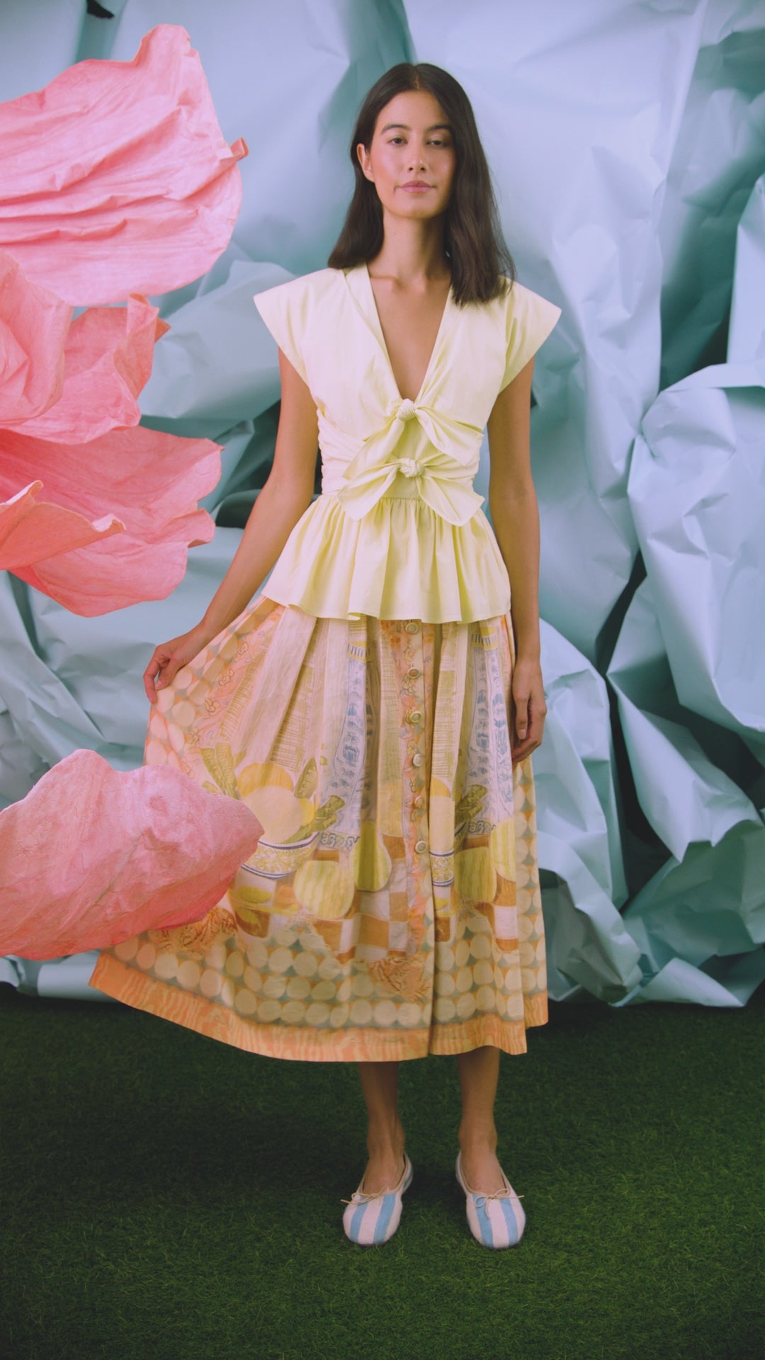 The Everly Top in Lemon Meringue paired with the Eva Skirt in Still Life Symphony.