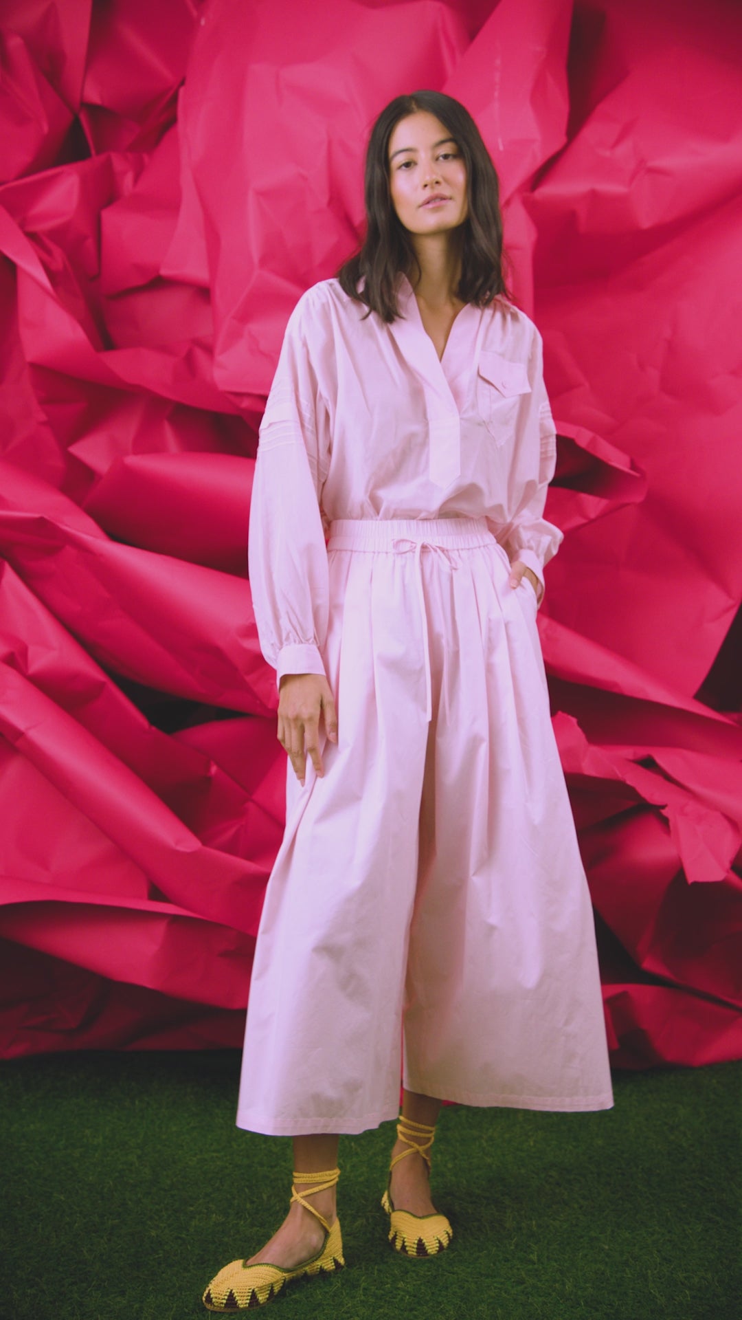 The Evangeline Shirt in Pink Sand paired with the matching Whisper Pant.