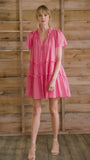 Peony cotton-silk voile swing mini dress with a ruffled crew neckline & short tiered flutter sleeves