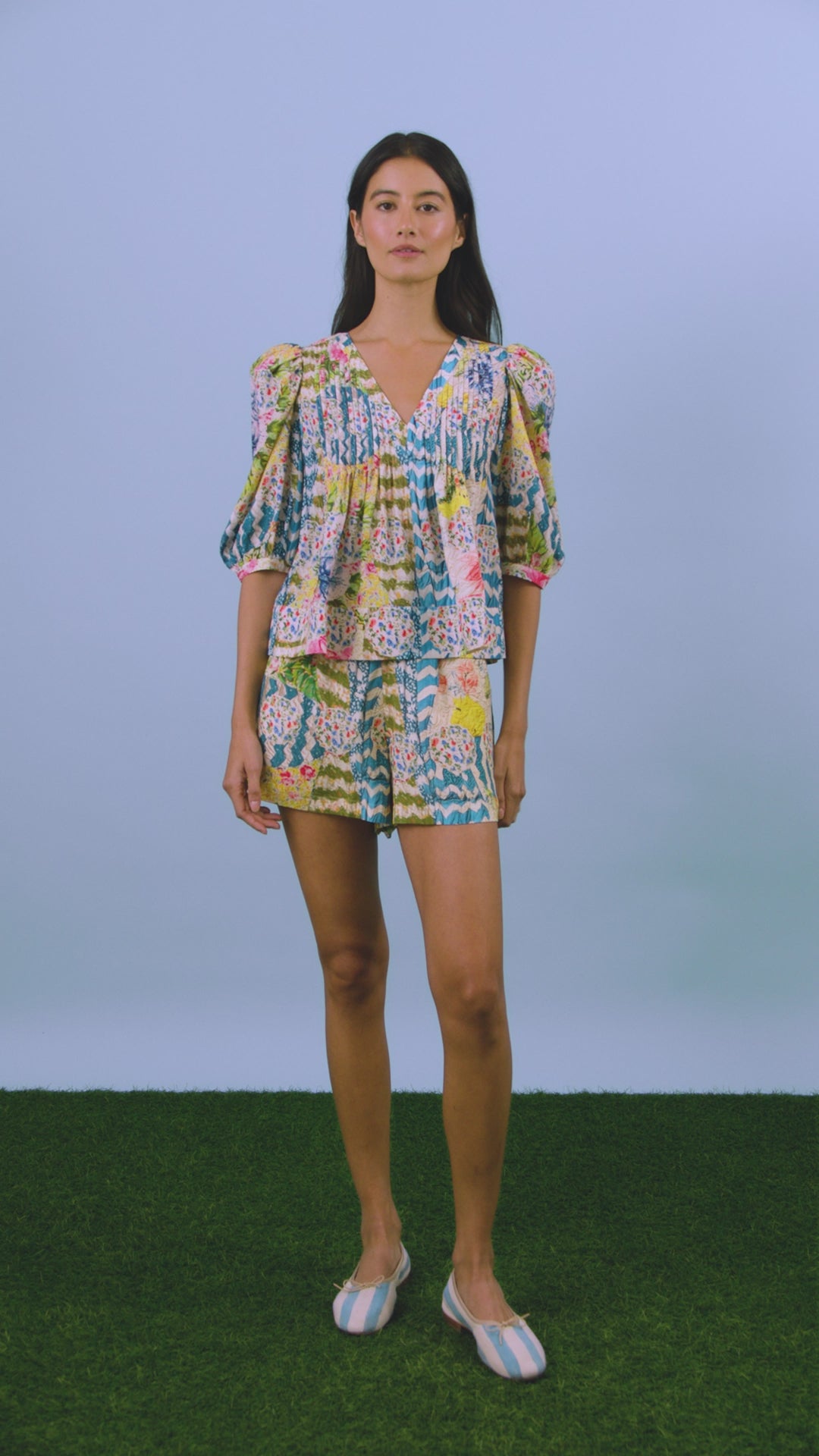 the Irene Top in Morning Glory paired with matching ashton shorts