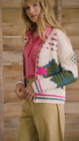 Pink Multi hand-crocheted cardigan, long sleeves, and easy open front.