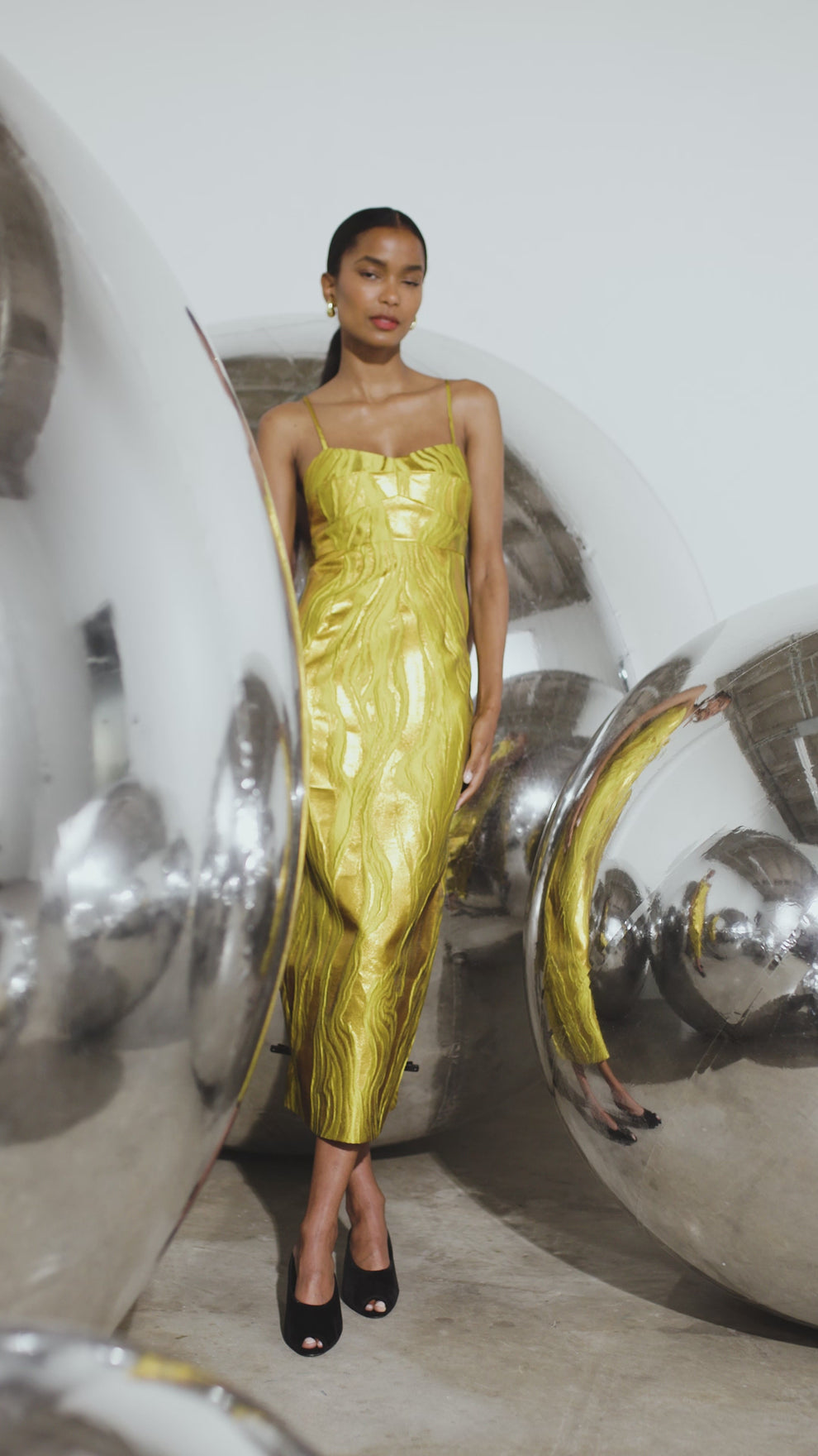 Amal Dress | Gold Spaghetti Strap Midi Dress | Hunter Bell – HUNTER BELL