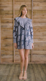 Blue cut-out embroidered linen, crew neckline, softly ruffled yoke, long sleeves with button cuffs