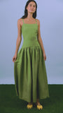 The Newberry Dress, spaghetti strap linen midi dress, in Glass Green.