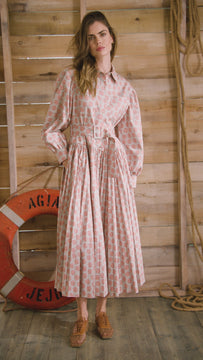 Shirtdress in lightweight cotton sateen with a sunburst circle skirt & voluminous sleeves