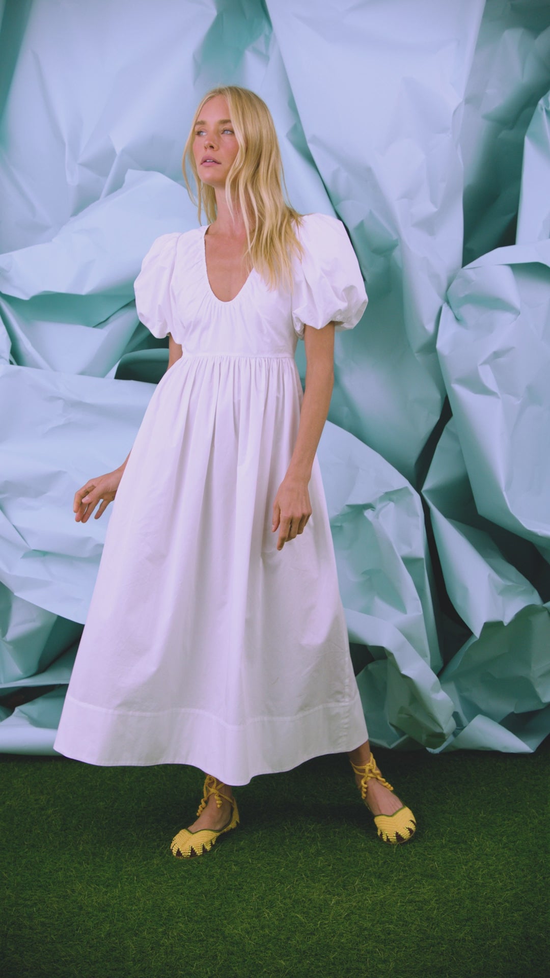 The Augusta Dress, white cotton dress with ruched V neckline.