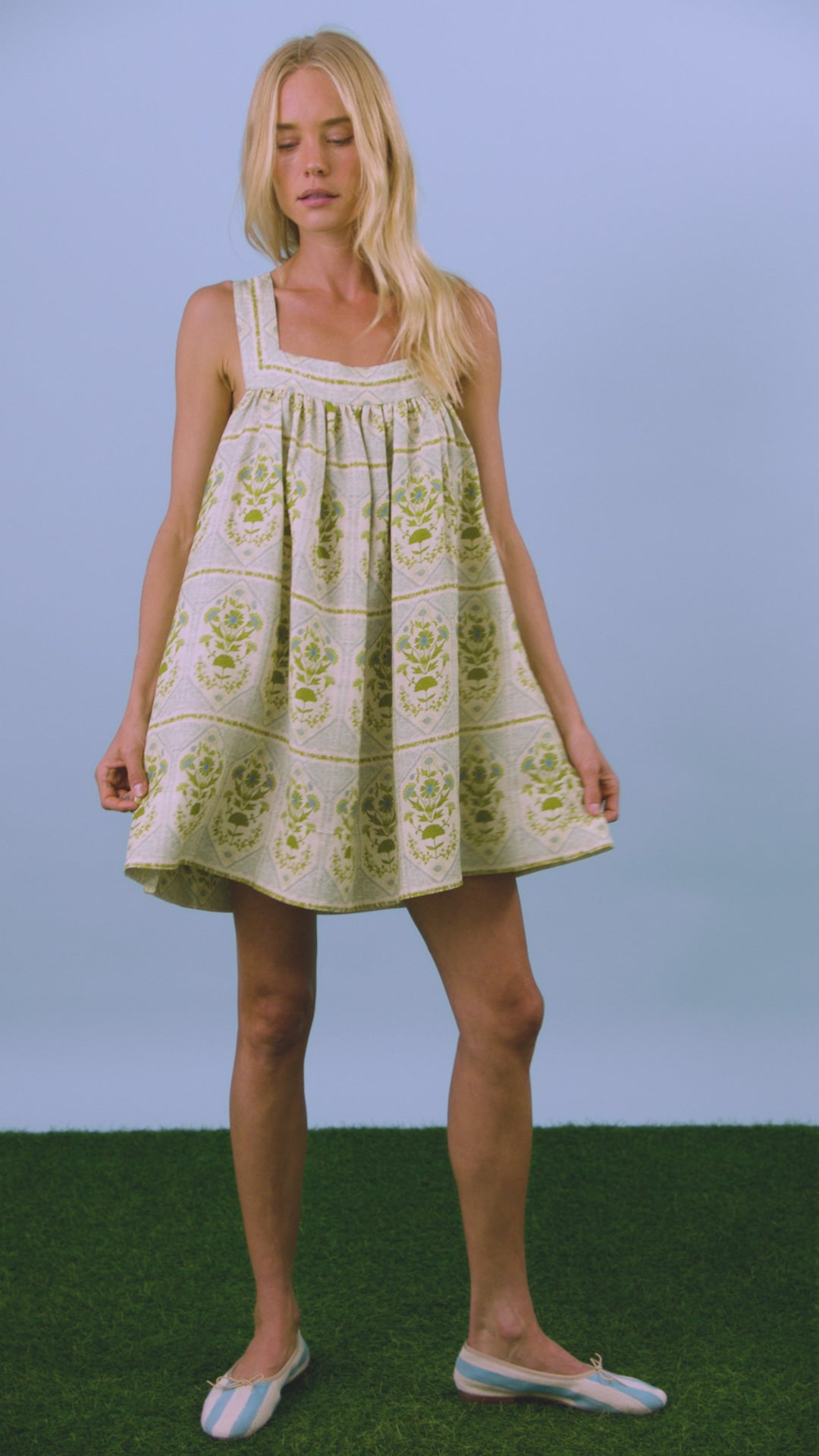 The Tipper Dress, square neck mini dress, in Green Trellis.