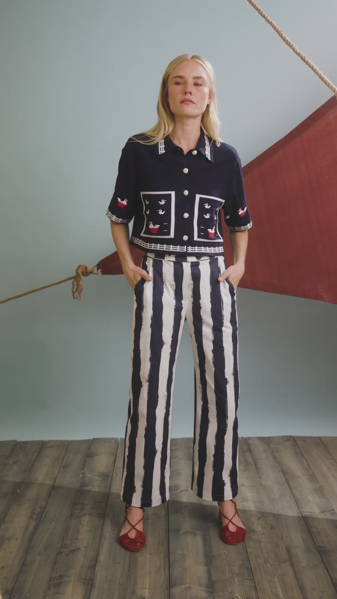 The Clay Top in Deep Sea paired with Juno Paint in Lighthouse Navy Stripe.