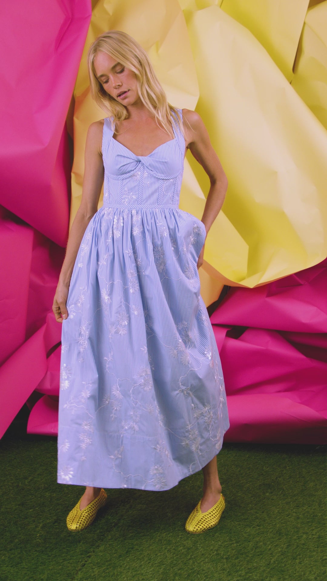 The Gracie Dress, midi dress with embroidery and full skirt, in Sullivan Stripe.