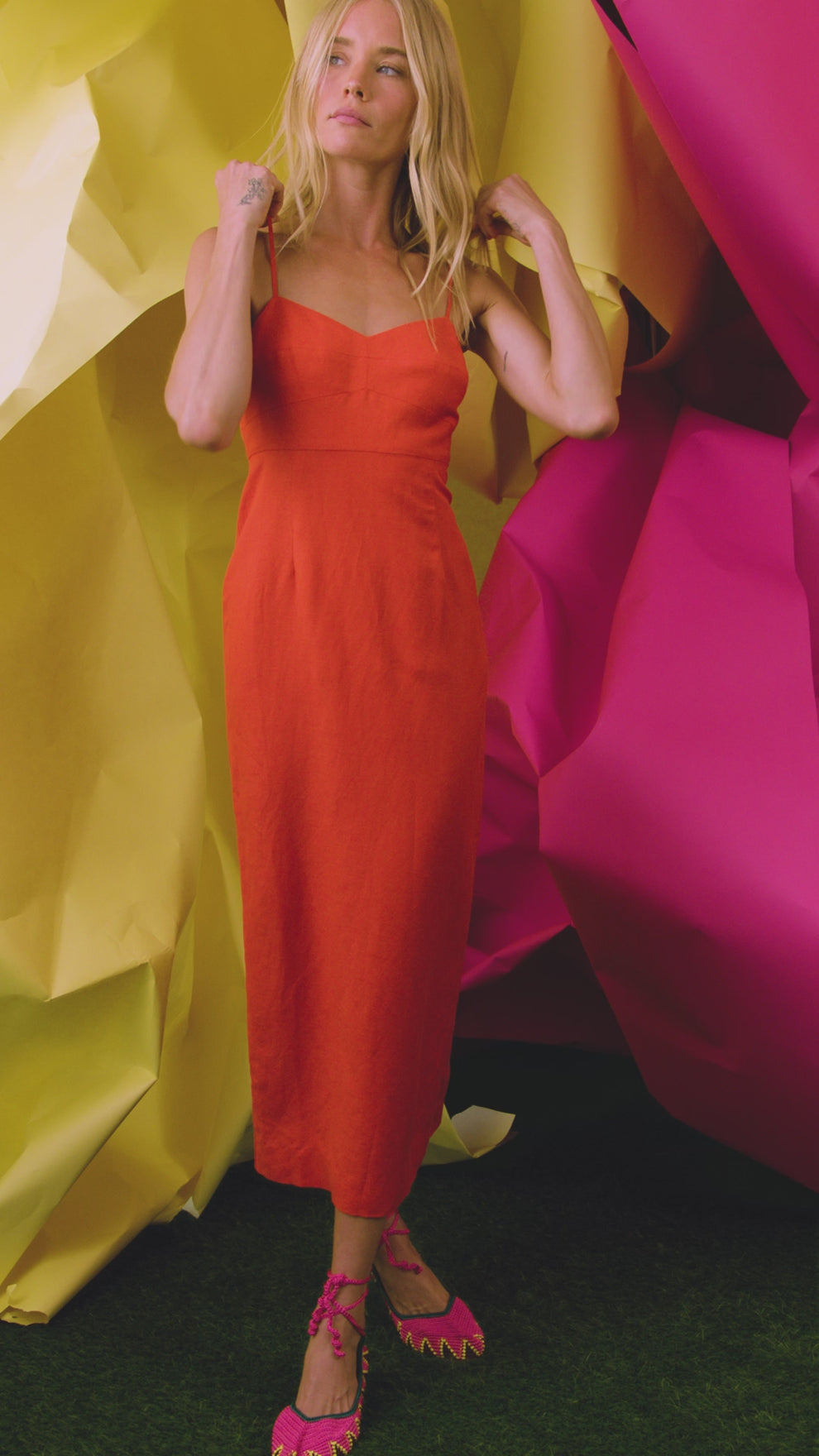 Amal Dress | Tangerine Spaghetti Strap Midi Dress